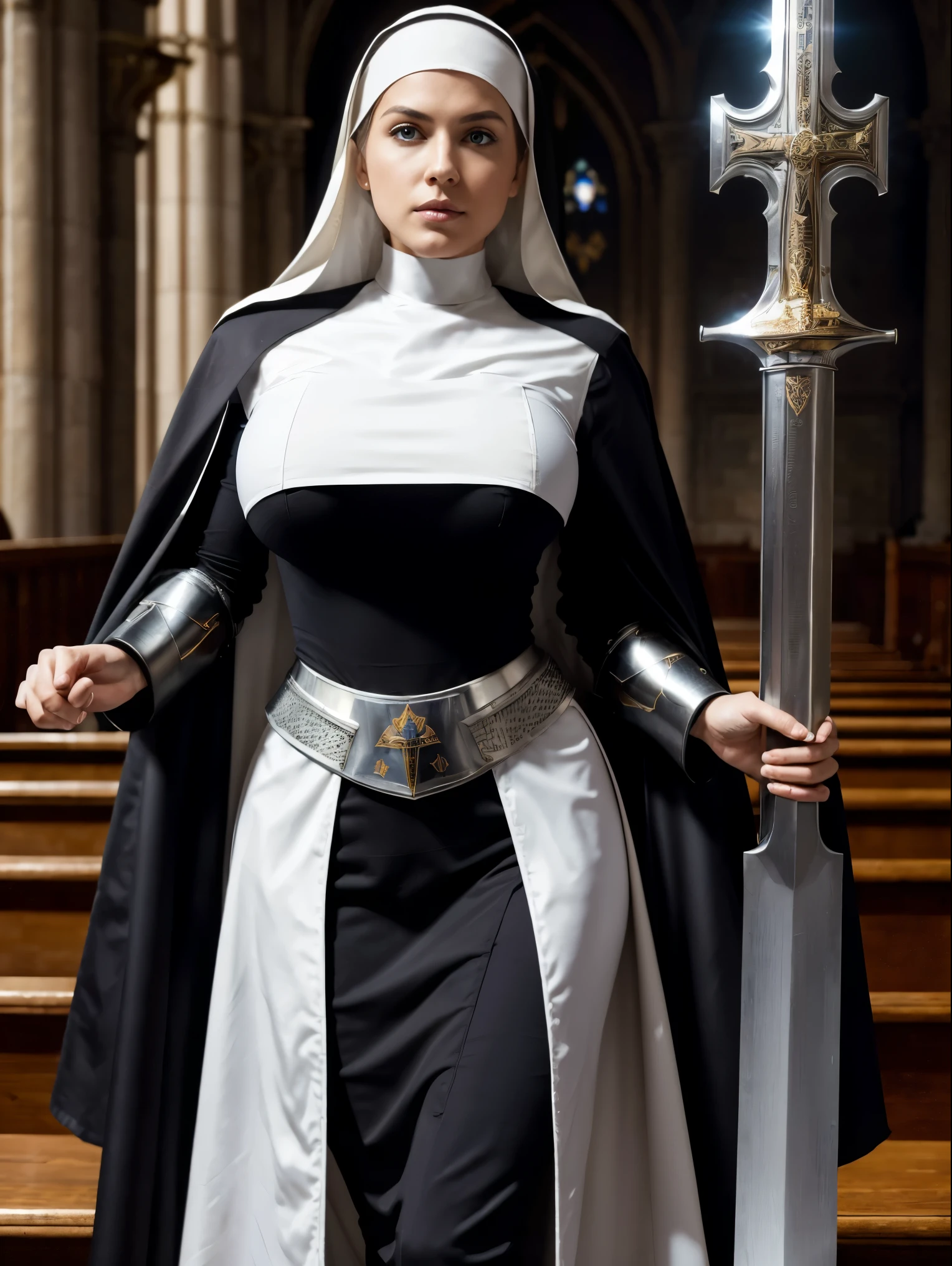 (masterpiece, top quality, best quality, official art, beautiful and aesthetic:1.2), (1girl:1.3), ((Sharp facial features, sharp features, hawkish features)), ((blue eyes)), busty brunette paladin knight girl, extremely detailed, portrait, looking at viewer, solo, (full body:0.6), detailed background, full-body shot, (warm mountain cathedral theme:1.1), holy knight, (nun), charlatan, smirk, mysterious, swaying in mountains, armor, polished metal, gold trim, long boots, white fabric, pelvic curtain, robe, pale leather, ((((nun, greatsword, corona, holy aura, heavy armor, armored, long legs, pelvic curtain, toned, muscular)))), slim waist, slim hips, long legs, medieval (cathedral interior:1.1) background, dark mysterious lighting, shadows, magical atmosphere, dutch angle
