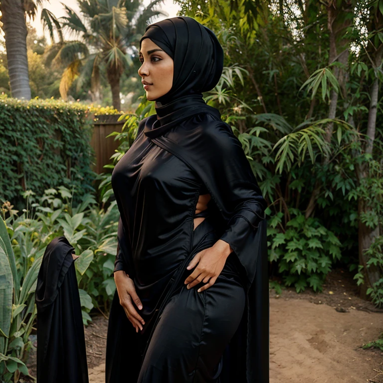 A 40 years old beautyful muslim woman,touching ground with hands,wearing black silk hijab and burkha,glowing skin,big ash,big dick in her ash,big breasts,sexy figure,full body image,right side view,garden in background,ultra detailed,8k