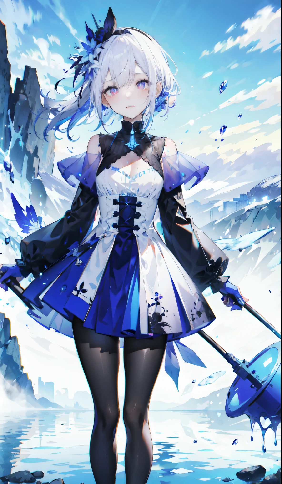 ((masterpiece:1.4,best quality)),(Super detailed),(Extremely detailed eyes),(Black leggings,Shiny socks:1.5),Hello Darkness
(Cute girls),,(Blood-red pupils,Diamond-shaped pupil:1.15),Purple Eyeshadow,(Elongated hair,Thick hair,Single ponytail,shiny hair:1.5)(Variza:1.2),Fair skin,despair,Grief,Empty eyes,Tears streaming down my face,tilt head to one side,Kneel down
(She wears blue armor,A blue dress,:1.5),(blue gloves:1.4)Very long plush sleeves,White,White Cloud,Dream bubbles ,Ice and glitter effects
(Black long skirt:1.1),
(dawn:1.2),
(Intense black and white:1.16),(Depth of Field:1.4),,Intricate details,(Sky background,Standing on the lake)