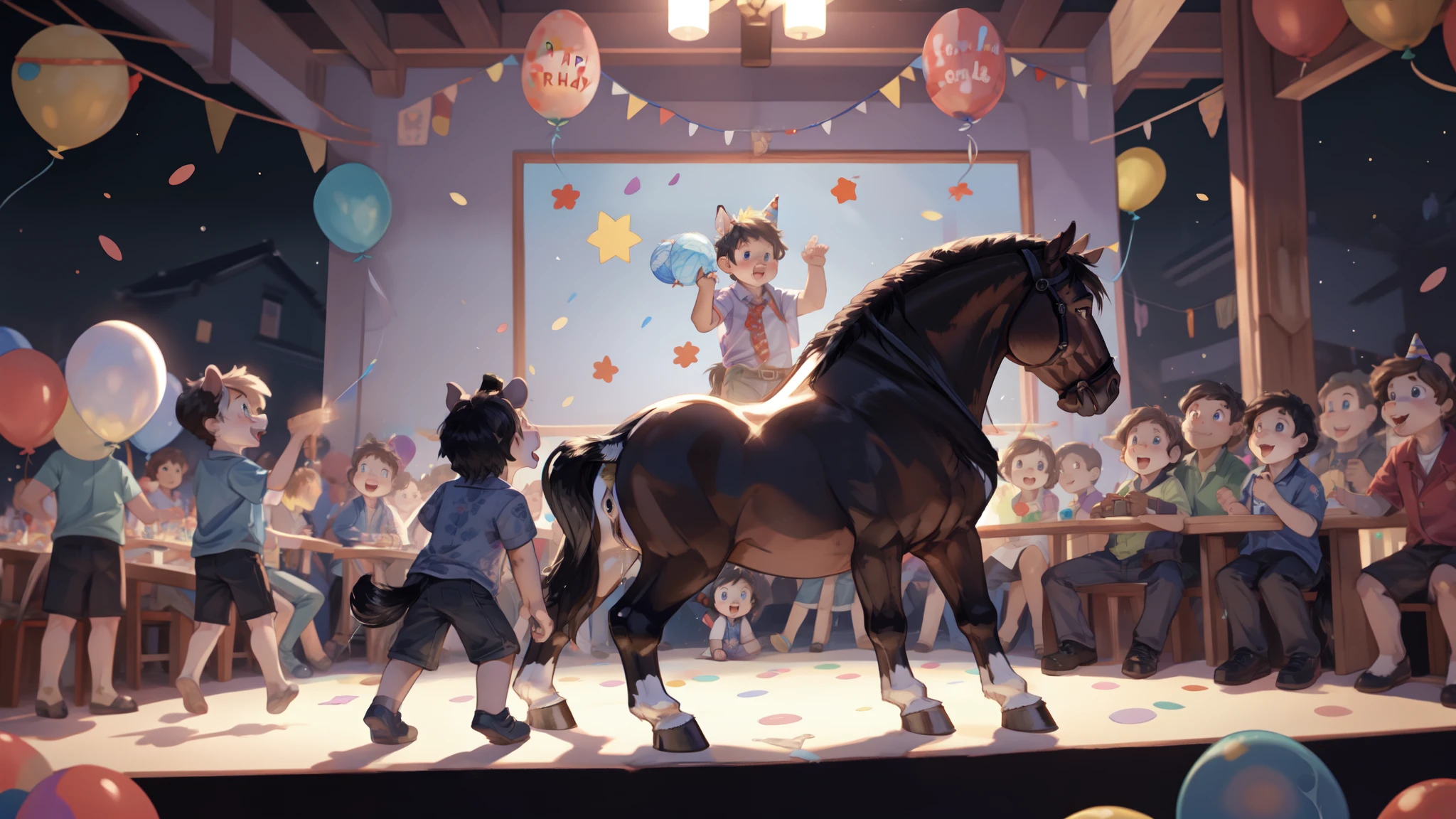 feral horse, horse pussy, pussy juice , young , anus , pleasured, open mouth, tongue out, to the audience, birthday party, kids watching