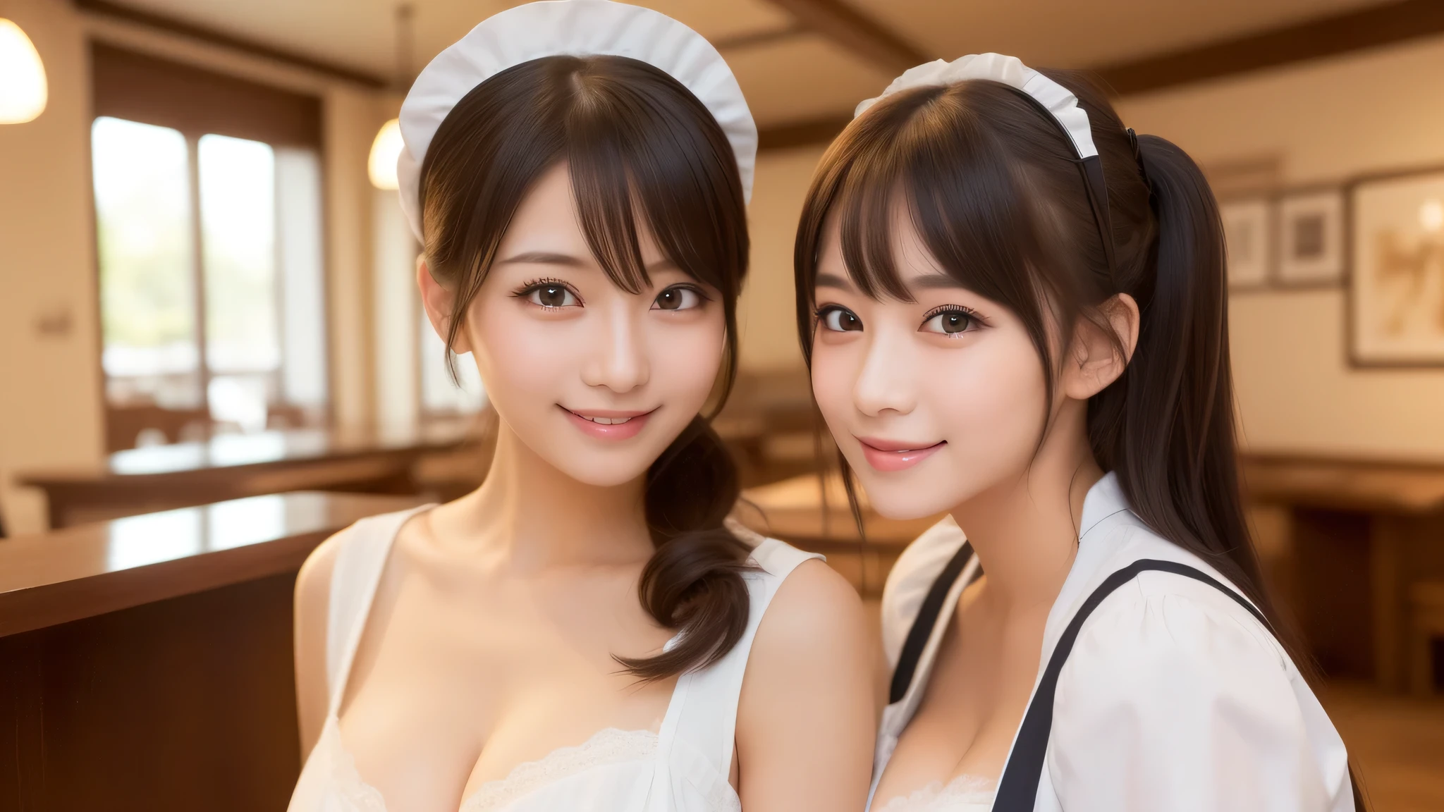 (2girl:1.3), (cute smile:1.2), (extremely detailed beautiful face), (highly detailed eyes, highly detailed face), (Maid cafe, maid cafe costume, mini skirt:1.2), Fresh, very clean appearance, (best Quality:1.4), (hyper-realistic, hight resolution), Professional Photography, standing, Indoor, (maid cafe), Close up portrait of girl, staring at me, cleavage, (Fine face:1.2),