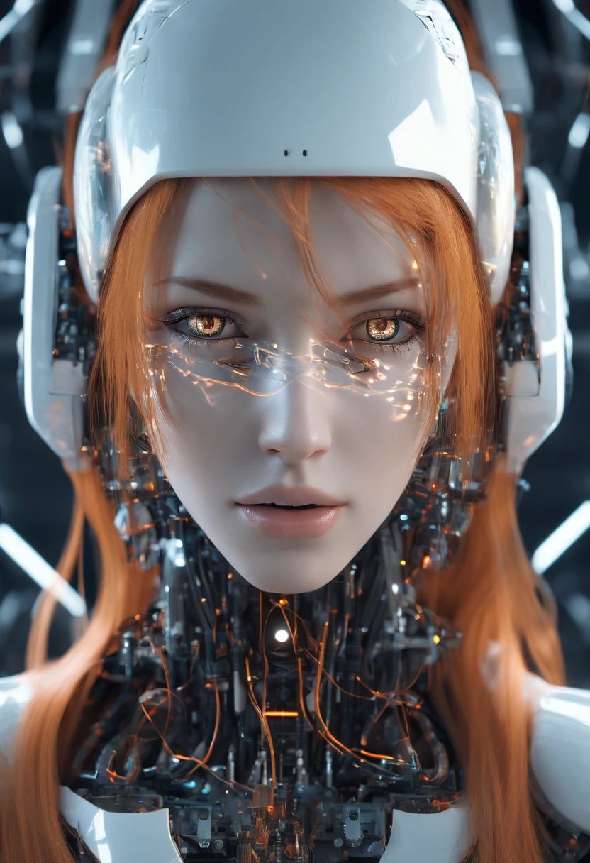 best quality, highres), orange-haired girl with long hair, close-up of her face, wearing a white skirt, details of her eyes and face, bright colors, soft lighting, digital illustration, ethereal atmosphere
