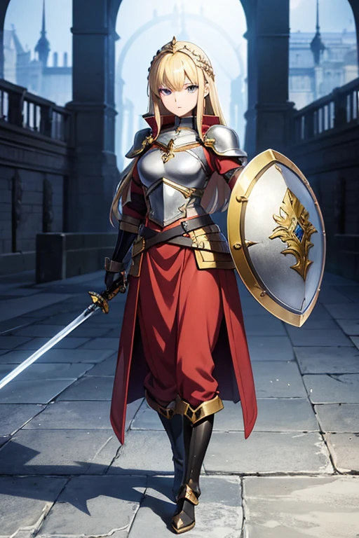 Anime drawings、Full body portrait、Fantasy world characters、A well-built female soldier, around 175cm tall, around 35 years old, wearing armor and a long skirt, swinging a long sword、Short medium straight hair styled up、Blonde、Glaring、gloves、boots、Wearing a helmet、Has a large shield、Flat chest