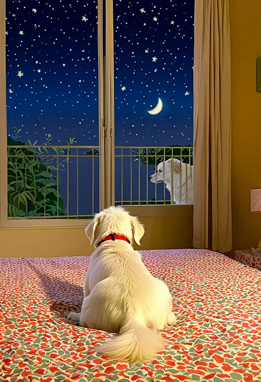 Rear view of a white dog, Clear Night, Bedroom view, Bedtime, relaxed mood
,kids book, KidsRedmAF,
 