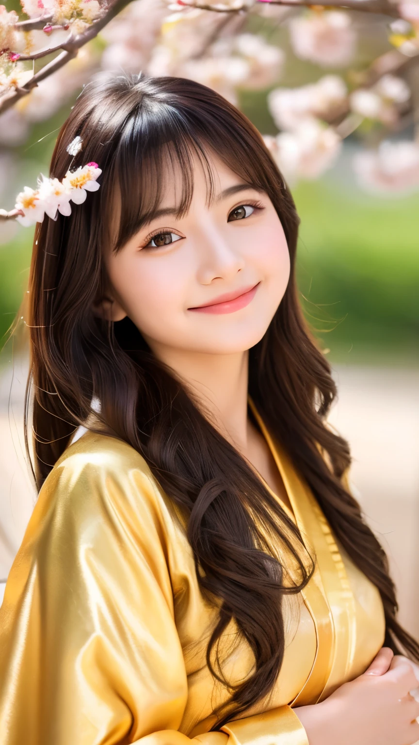 Love God(Beautiful girl、slightly drooping eyes、Healthy Skin、Full body portrait、Draw a heart with hands)、Photorealistic。Delicate and beautiful。Perfect Face。highest quality。High resolution。shrine。Golden Feather Robe。Worship。cherry blossoms。