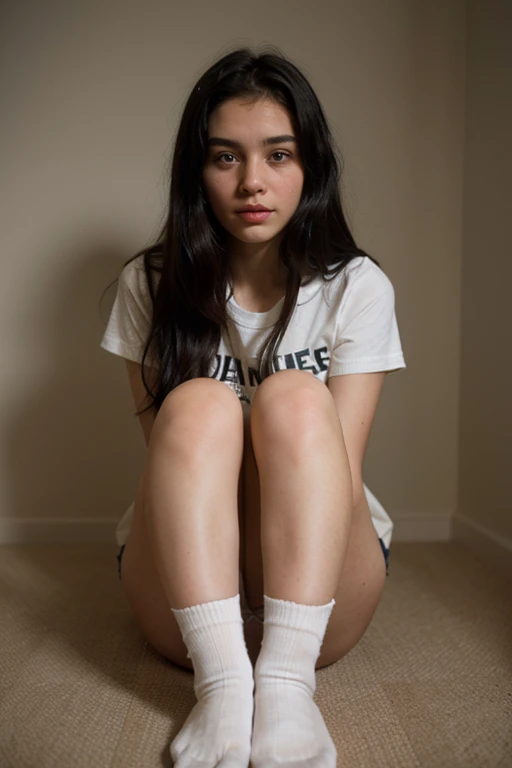 a 13 year old girl with straight black hair wearing long striped socks