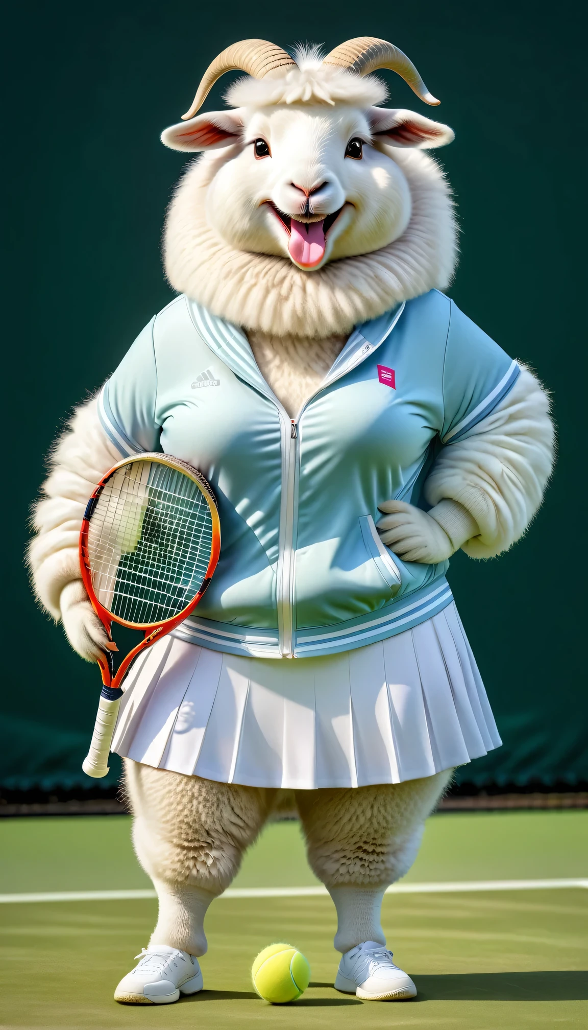 photorealistic portrait of Dressed animals - a (fat) angora goat tennis player,(hand on hip:1.5),(happy smile),(furry), high quality,(lovely) ,intricate details, highly detailed (female tennis wear), holding tennis racket,　grass tennis court background, (happy), perfect lighting,(full body image:2.0)
