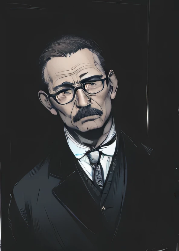 One 55 year old male, brown short hair, brown eyes, small thin moustache, profound and thoughtful expression, tired frown, wearing white collared buttoned up shirt with a black tie and jacket, wearing glasses, portrait style, facing forwards, plain grey background, add color