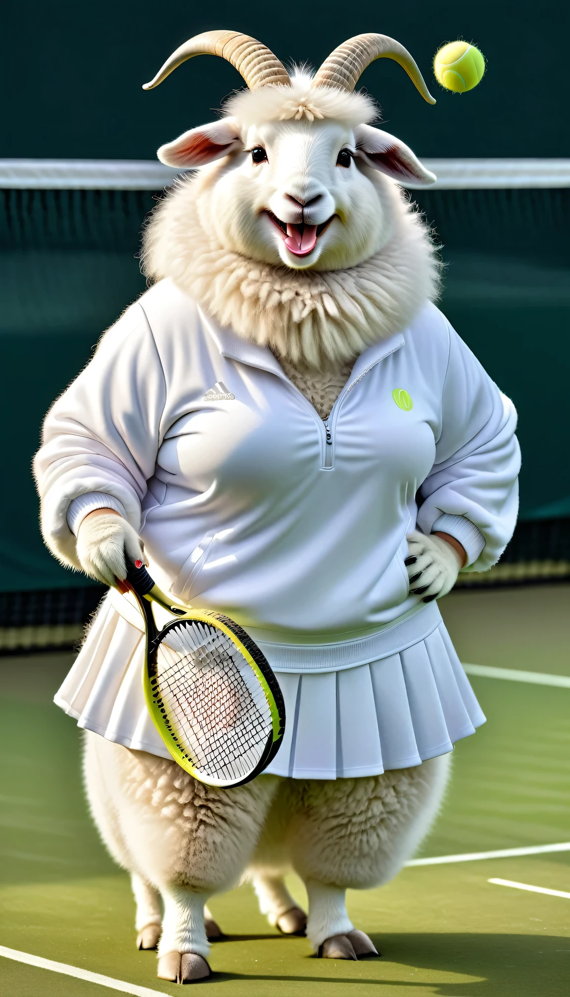 photorealistic portrait of Dressed animals - a (fat) angora goat tennis player,(hand on hip:1.5),(happy smile),(furry), high quality,(lovely) ,intricate details, highly detailed (female tennis wear), holding tennis racket, grass tennis court background, (happy), perfect lighting,(full body image:2.0)