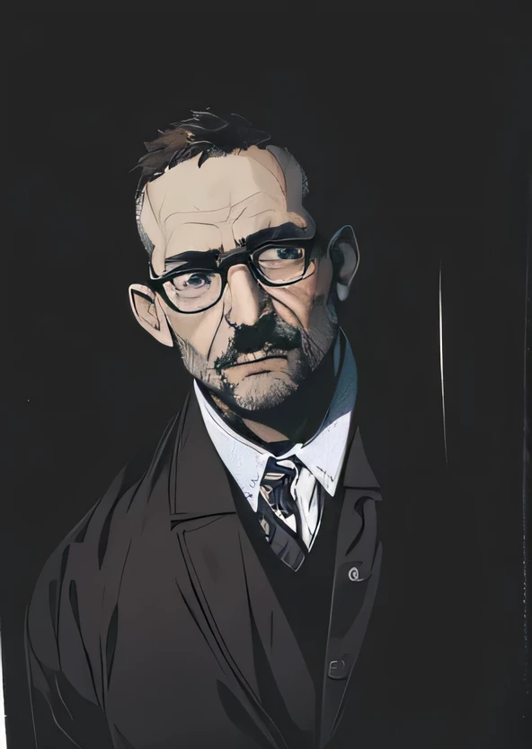 One 55 year old male, brown short hair, brown eyes, small thin moustache, profound and thoughtful expression, tired frown, wearing white collared buttoned up shirt with a black tie and jacket, wearing glasses, portrait style, facing forwards, plain grey background, add color