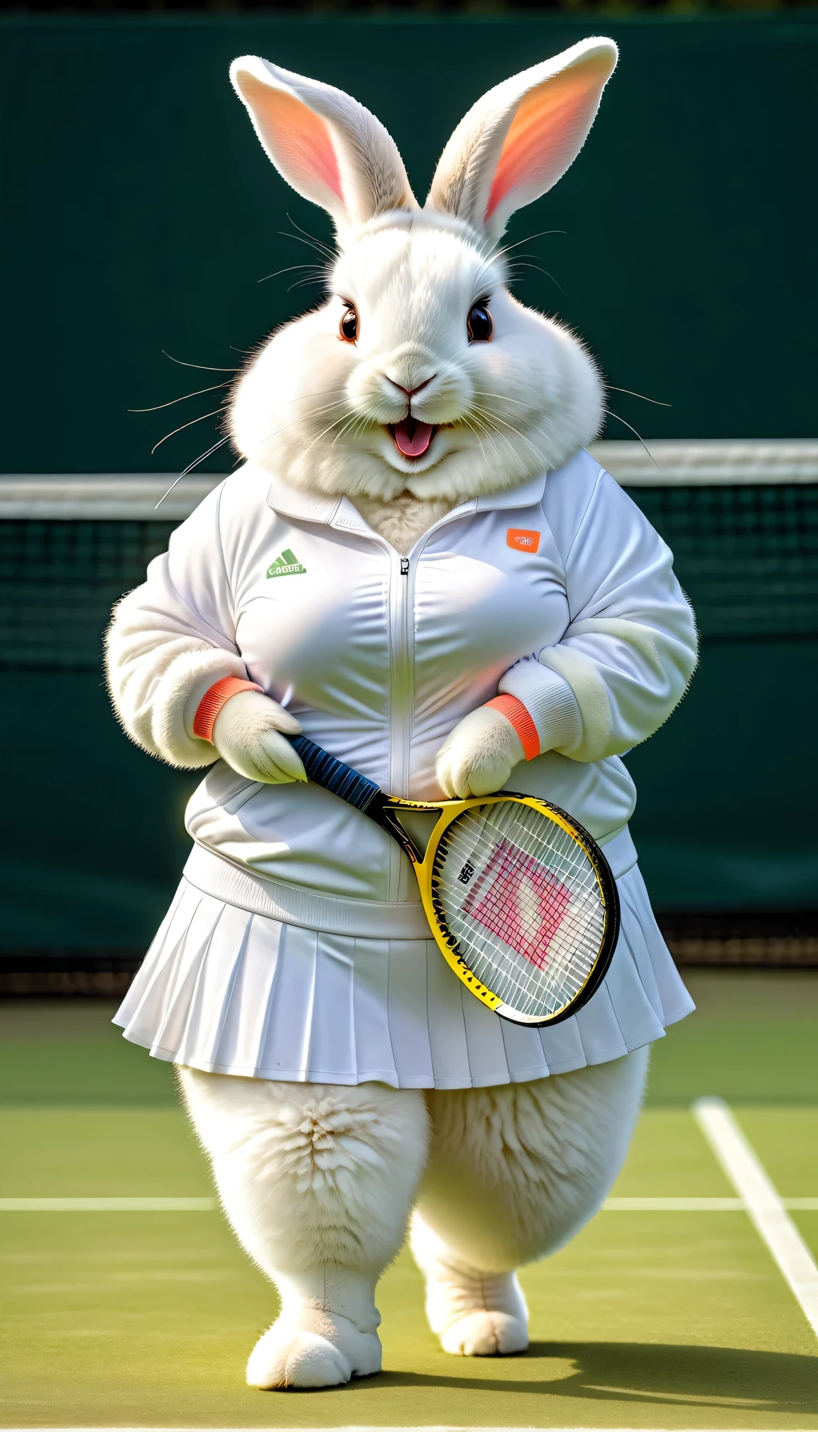photorealistic portrait of Dressed animals - a (fat) angora rabbit tennis player,(hand on hip:1.5),(happy smile),(furry), high quality,(lovely) ,intricate details, highly detailed (female tennis wear), holding tennis racket,　grass tennis court background, (happy), perfect lighting,(full body image:2.0)