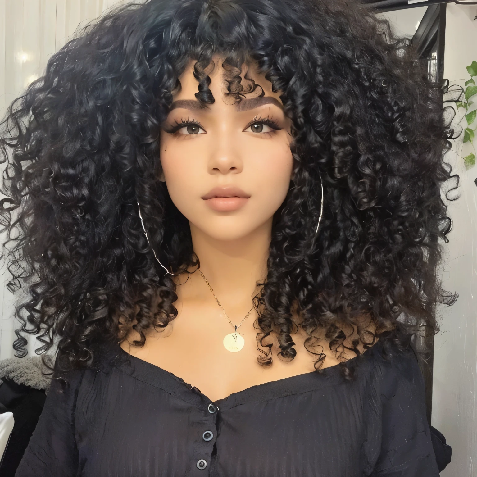 uma mulher com cabelos longos e cacheados vestindo uma blusa preta, franja encaracolada, long wild cabelo preto cacheado, afro encaracolado, cabelo preto cacheado, long cabelo preto cacheado, cabelo afro longo, cabelo preto longo e cacheado, corte de cabelo cacheado com parte do meio, cabelos cacheados, cabelo preto encaracolado, (cabelo escuro mais curto e cacheado), messy curly hair, franja encaracolada and ponytail, short cabelo preto cacheado, afro woman