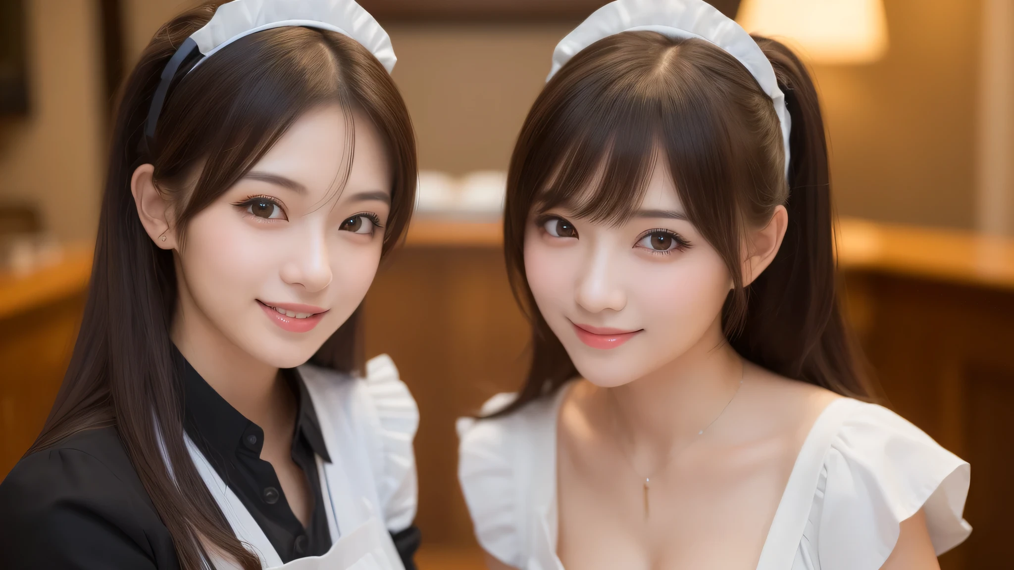 (2girl:1.3), (cute smile:1.2), (extremely detailed beautiful face), (highly detailed eyes, highly detailed face), (Maid cafe, maid cafe costume, mini skirt:1.2), Fresh, very clean appearance, (best Quality:1.4), (hyper-realistic, hight resolution), Professional Photography, standing, Indoor, (maid cafe), Close up portrait of girl, staring at me, cleavage, (Fine face:1.2), 