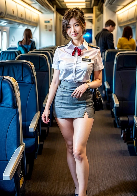 (8k, highest quality, masterpiece: 1.2), (Realistic, Realistic: 1.2),　Beautiful Japanese 20 year old woman, Tight waist, Thin thighs, detailed: (非常にdetailedな: 1.3), ((stewardess costume)), Updo short hair, ((Wearing a mini skirt)), Slim and perfect style. (High resolution: 1.1), Airplane Passenger Passenger Passenger, 