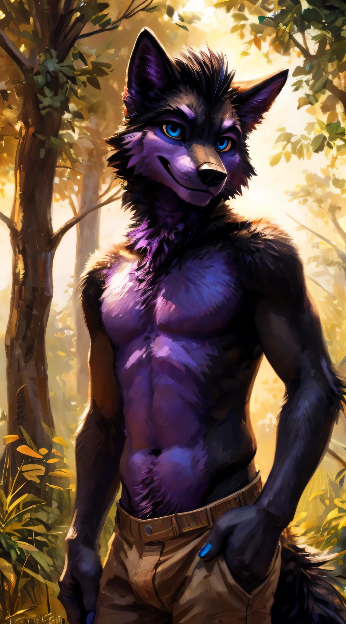 Sunlight, masterpiece, high quality, Solitary, agerfurry, hairy, teen, black Wolf, Black tail hairstyle,Purple eyebrows,Blue eyes,Purple iriasterpiece, Have muscles, Detailed hands, Black back,Purple belly,Black Arm,Purple jaw,purple neck,teal blue nails,Delicate face, Delicate eyes, detailed body, Flat body, Skinny,Evil smile emoticon, paw, high resolution, No shirt, No underwear, hometown background,daytime, big eyes, Oblique body, Kenket's Art