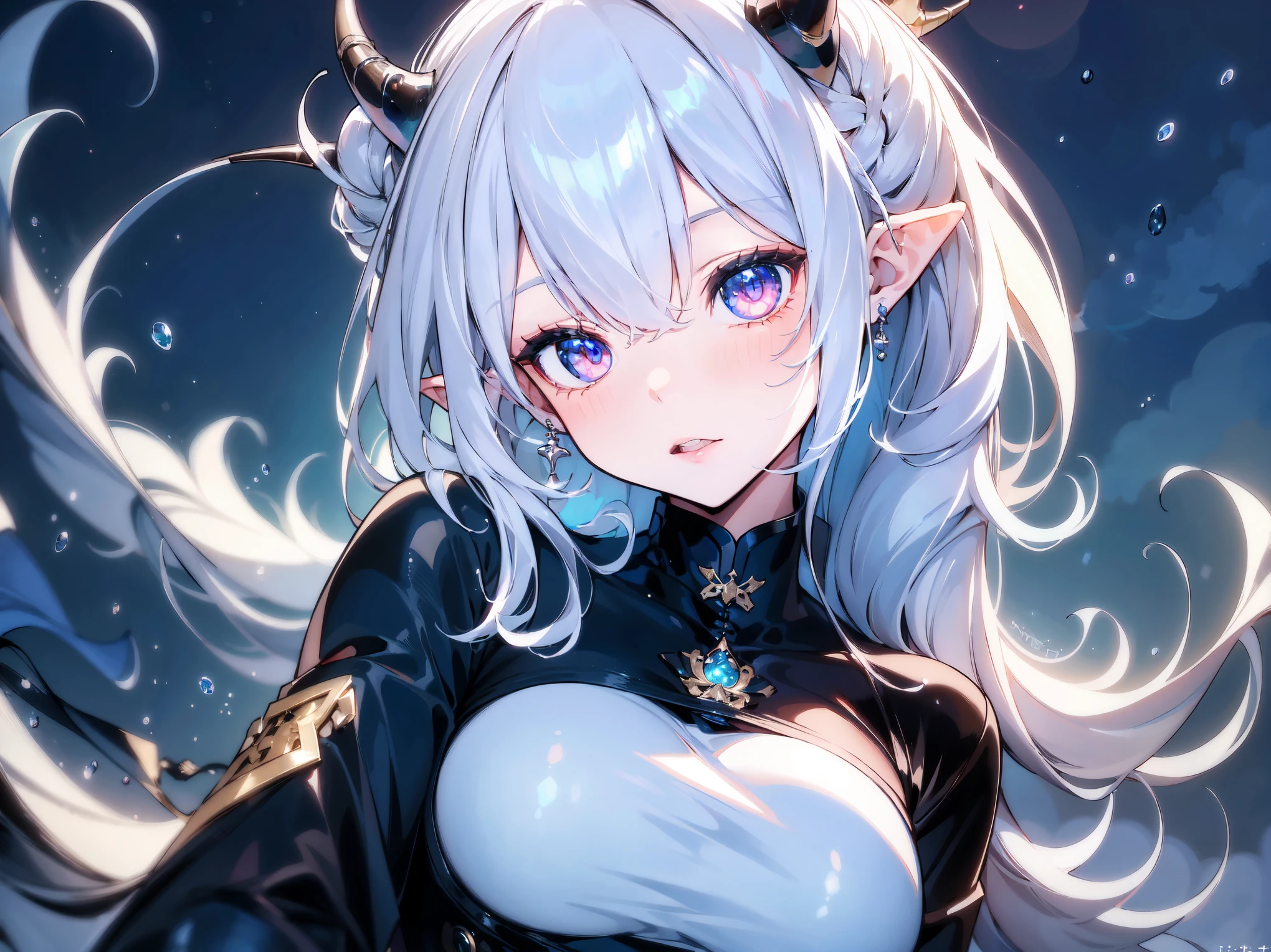 (best quality, highres, masterpiece : 1.4), (arknight), (flatten art : 0.8), masterpiece, (best quality), dark environment, 1woman, anime, long hair, white hair, straight hair, horns, pale skin, dark eyes, long pointy ears, tall, white ao dai, medium sized breast, cold face, (detailed face), (intricate hand),(detailed hand), solo, lake, mystical atmosphere, night, snow, winter, close-up
