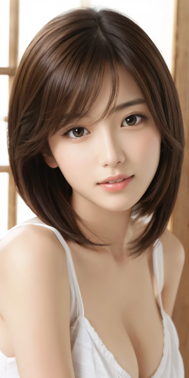 masterpiece、highest quality、High resolution、table top、wallpaper、realistic、bright lighting、professional lighting、face light、smooth lighting、japanese woman、adult、Beautiful woman、action、gravure、sexy、poor、super beautiful、beautiful skin、beautiful and detailed eyes、detailed face、slim、Moderately、short hair、brunette colored hair、brown eyes、look at the camera、i have a saxophone