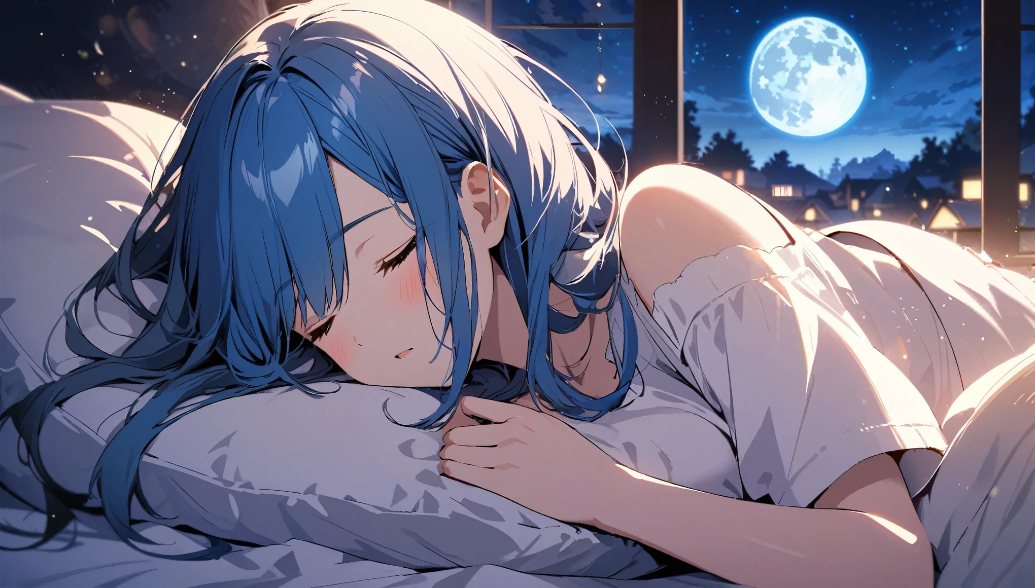 Beautiful blue-haired woman sleeping on a pillow ,A window with a beautiful view, Night Sky, star, full moon.