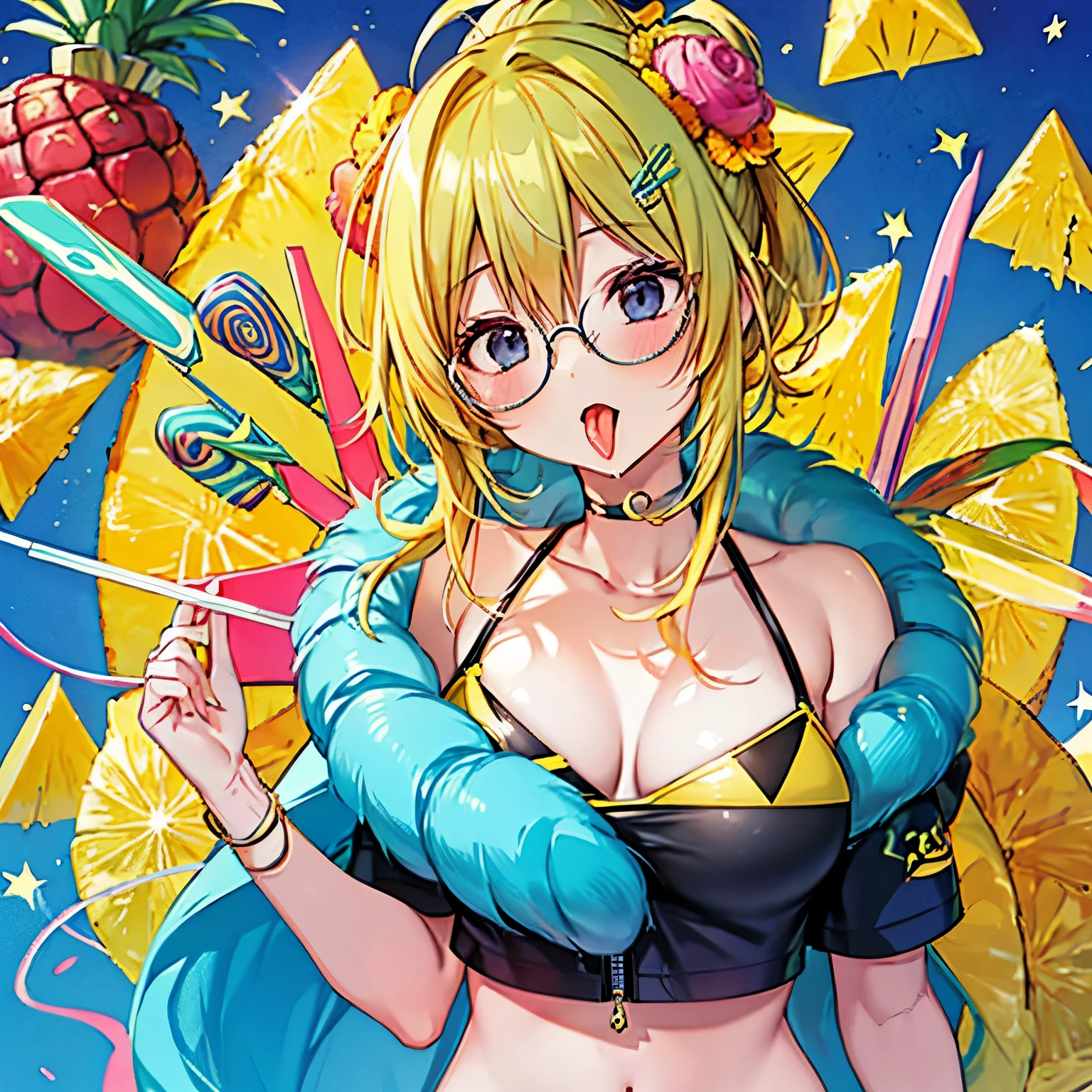 A pineapple with funny spiral glasses, sucking on a triangle-shaped pineapple lollipop, con la lengua de colores