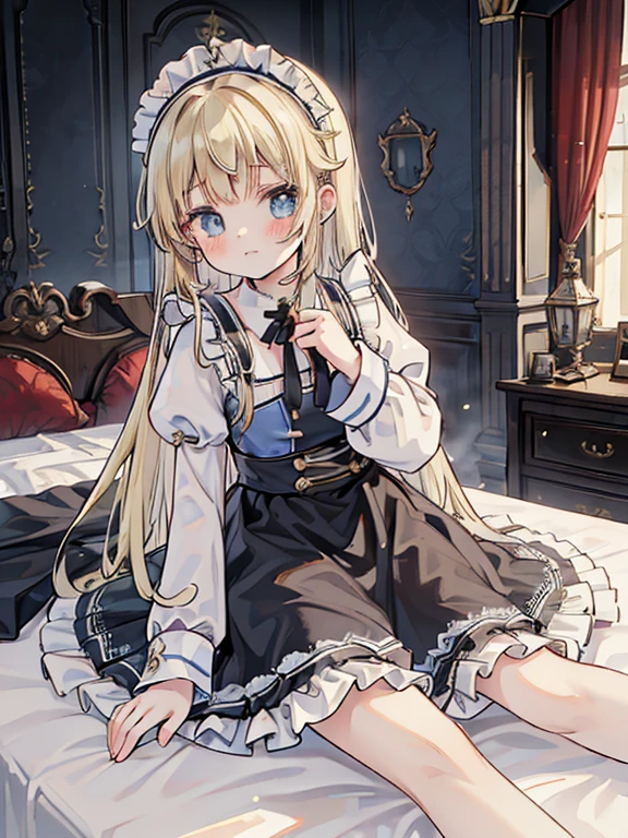 (8k, highest quality, Tabletop:1.2)、Ultra-high resolution, One ****************, Perfect Fingers, Detailed face, blue eyes, Blonde, Straight Hair, Long Hair, Black maid outfit,  Inside the castle, Bedroom、Making the bed