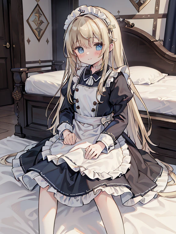 (8k, highest quality, Tabletop:1.2)、Ultra-high resolution, One ****************, Perfect Fingers, Detailed face, blue eyes, Blonde, Straight Hair, Long Hair, Black maid outfit,  Inside the castle, Bedroom、Making the bed