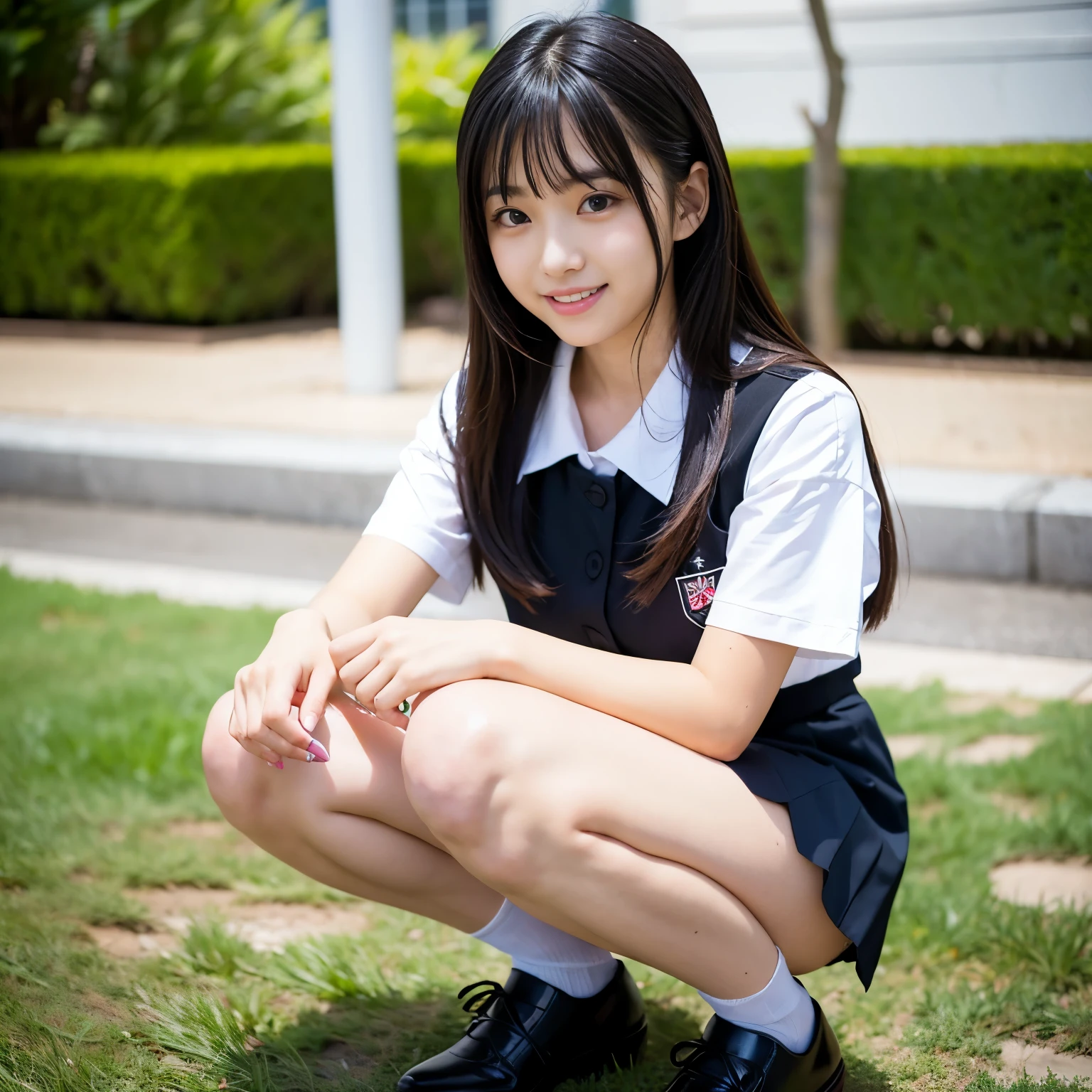 (Best-quality, Masterpiece, Ultra-High-Resolution, (Photorealistic:1.4), Raw Photo, depth of field, professional lighting, perfect anatomy, extremely details, perfect face, perfect hands, perfect fingersperfect body, perfect legs), 1girl, 18-years-old, the most famous Japanese idol, squatting in high-school, (wearing high-school uniform with cute design, short sleeve shirt, white socks, lofers, pleated skirt, panties), (extremely cute face like the most popular Japanese idol, ((extremely cute and extremely big black-eyes)), extremely cute hair, extremely beautiful skins, extremely cute long-eyelashes, extremely cute lips), extremely beautiful inner-thighs, extremely beautiful inner-legs, looking at viewer, innocent smile