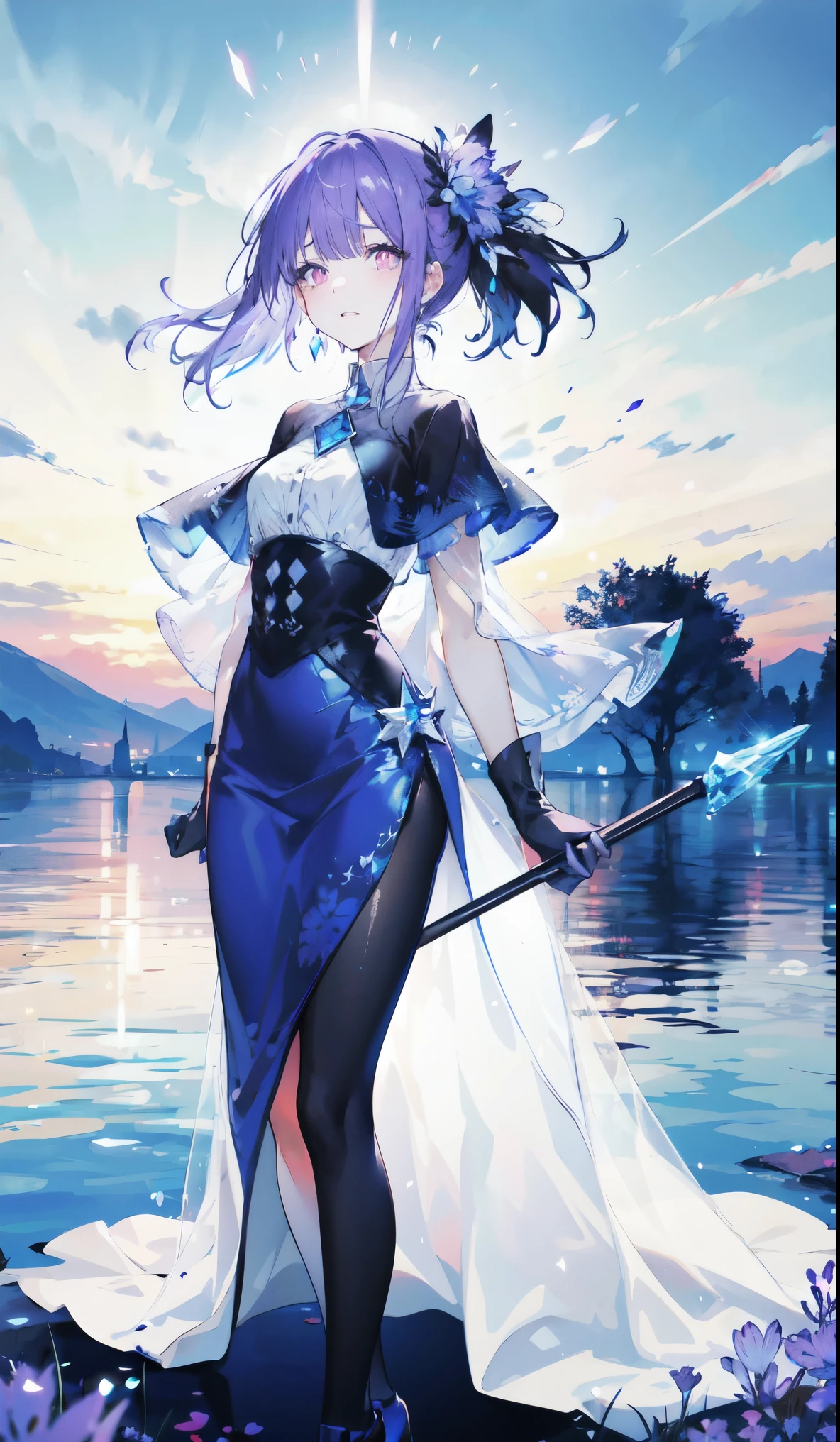 best quality, masterpiece, cinematic lighting, intricate, cinematic detailed realistic background, detailed face, full body, small breasts, realistic, ligne claire,
1girl in wading ocean, magical, aura, night, spell caster, looking at viewer, tattoo, purple eyes, split-color hair,