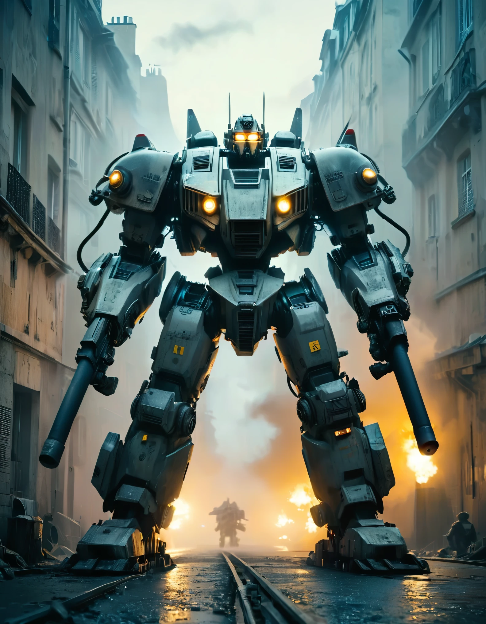 Best quality, cinematic lighting, 8K, crazy details, fog of war, war, Paris France, gray haze, trenches transformers nazi-bot