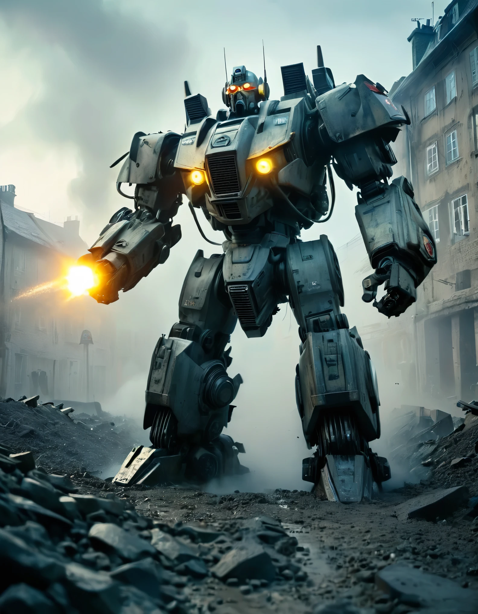 Best quality, cinematic lighting, 8K, crazy details, fog of war, war, Paris France, gray haze, trenches transformers nazi-bot