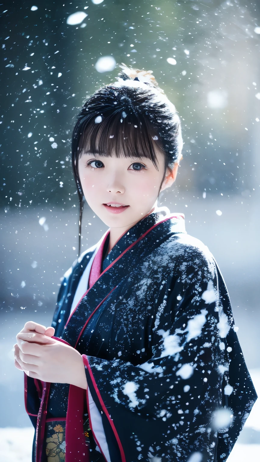 (kimono)、、(highest quality,masterpiece:1.3,超A high resolution,),(Super detailed,caustics),(Photoreal:1.4,RAW shooting,)ultra-realistic capture,very detailed,High resolution 16K suitable for human skin、 skin texture is natural、、Skin tone looks even and healthy、 Use natural light and color,one woman,Japanese,,cute,black haired,middle hair,(written boundary depth、chromatic aberration、、wide lighting range、natural shading、)、、(falling snow:1.3)、(hair swaying in the wind:1.3)、(Snow reflects light:1.3)
