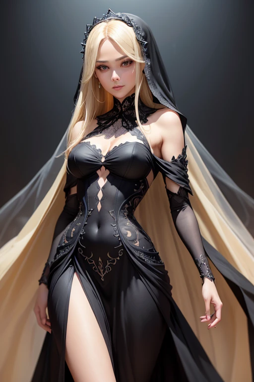 A blonde woman, with an angelic face, goddess-like figure dressed in a black dress with a veil cover-uper face, resembling death, small shoulders, slim waist, wide hips, thick legs, detailed clothing, detailed body, detailed face