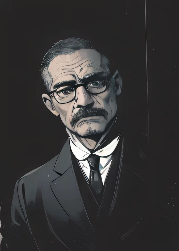 One 55 year old male, brown short hair, brown eyes, small thin moustache, profound and thoughtful expression, tired frown, wearing white collared buttoned up shirt with a black tie and jacket, wearing glasses, portrait style, facing forwards, plain grey background, add color