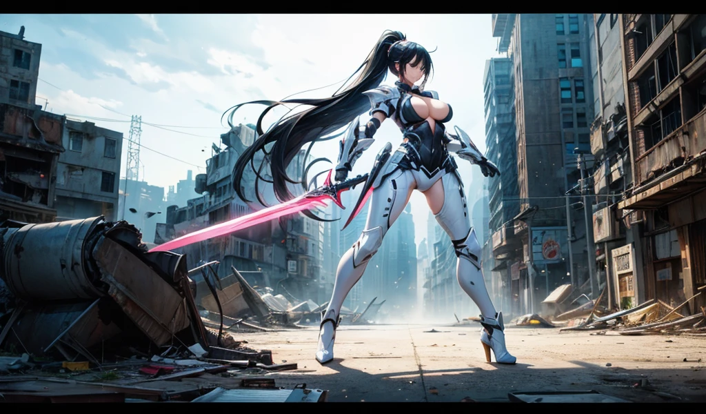 long black hair woman, Ponytail, Chest, cleavage, White leggings, White sci-fi fluorescent armor, High heel,whole body, knight sword, apocalyptic ruined city