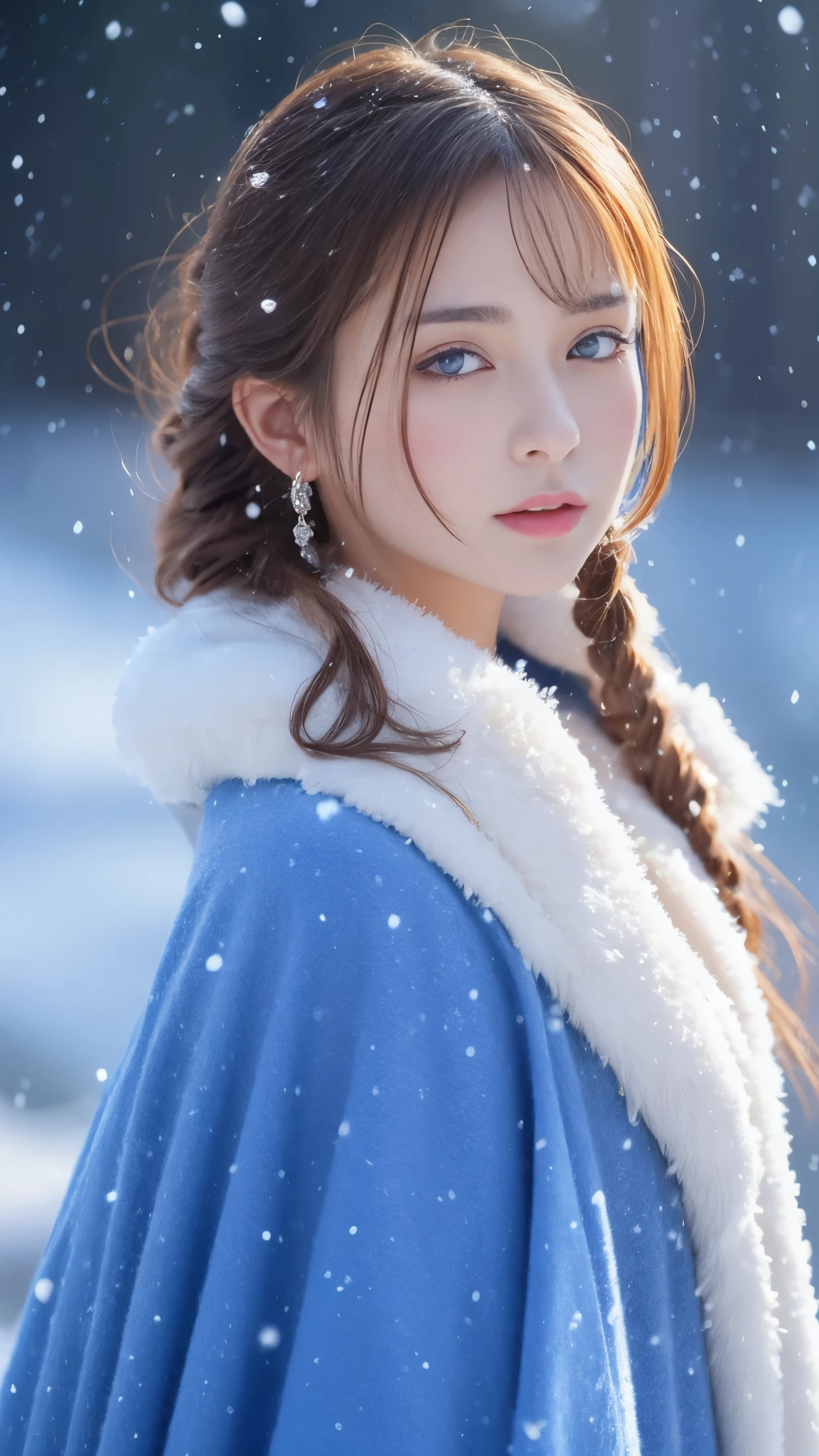 (highest quality, 8k, 32K，details are very clear),Realistic, High resolution, 1 Japanese Women, alone, (Lolita Costume)，Gorgeous costumes，Facing the audience，(Upper Body，Upper limbs)， Beautiful Eyes, brown hair, Ring-shaped eyes, (outside，Heavy snowfall，thick fur cape，Cover with snow)，Snowfield，blue eyes，highest qualityのイラスト，Detailed facial features