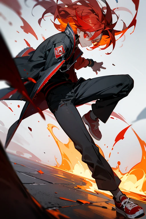 A boy flamed jacket with a fire hair a red paint with red shoes and red eyes