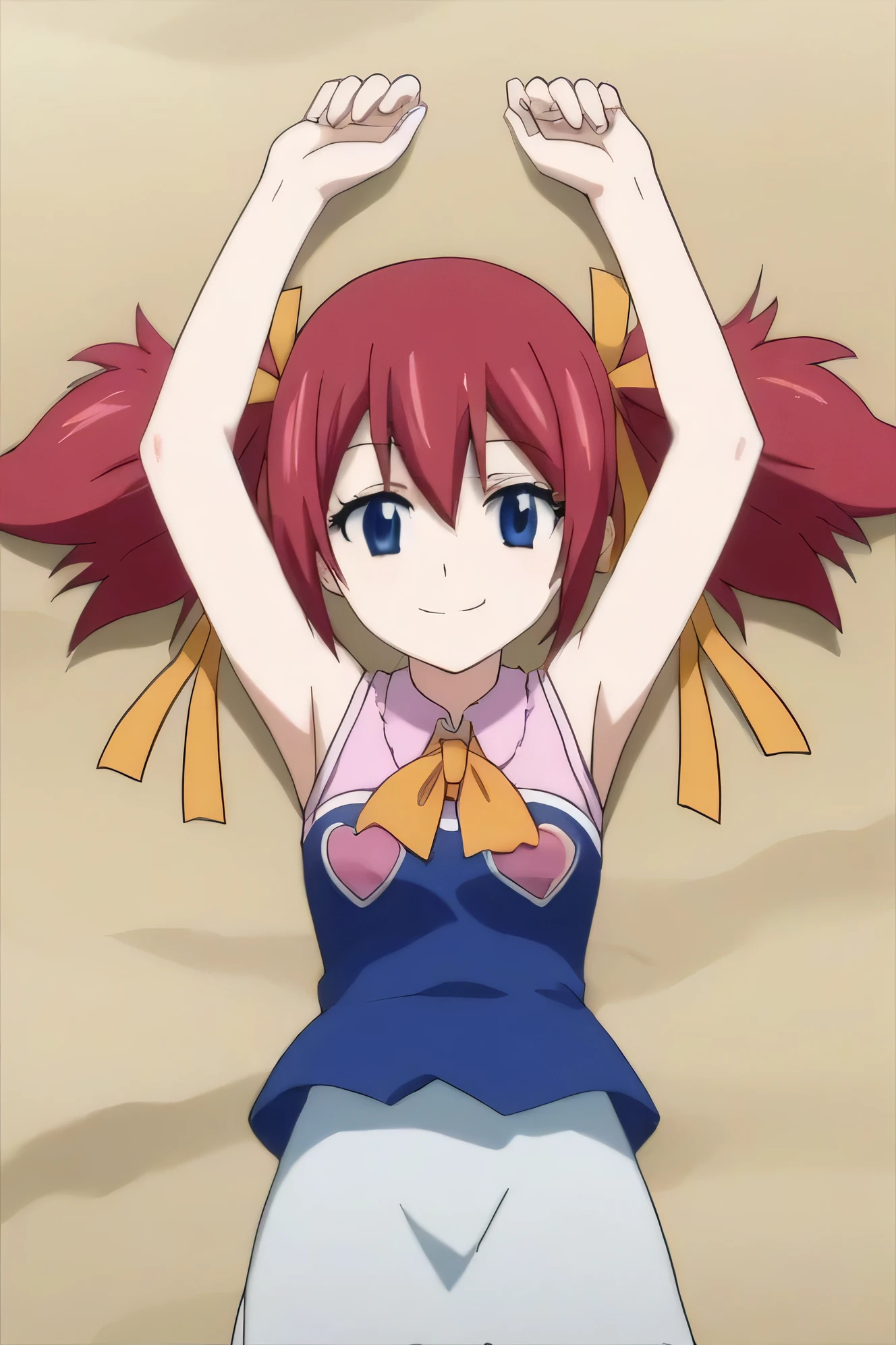 score_9, score_8_up, score_7_up, source_anime, rating_safe, , anime screencap, anime coloring, official style, 1girl, solo, chelia_blendy, red hair, blue eyes, ribbon, hair ribbon, twintails, short twintails, solo, lying, on back, on sand, arms up, spread arms, closed mouth, smiling, (cowboy shot:1.5), unconscious, looking at viewer,