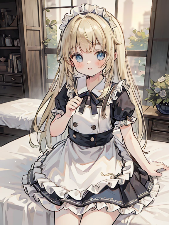 (8k, highest quality, Tabletop:1.2)、Impressionism、By Van Gogh:1.3、Official Art、Ultra-high resolution, 14-year-old girl, Perfect Fingers, Detailed face, blue eyes, blonde, Straight hair, Long Hair, Black maid outfit,  In the city, Bedroom、Making the bed