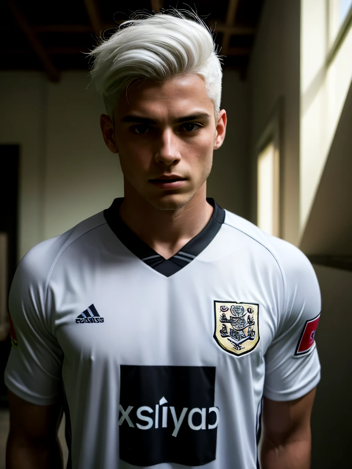 English soccer striker. 20 years old. White hair. Pompadour hairstyle. Strong chin. Tanned face. Dramatic light. Male. Black jersey. Masterpiece, best quality, 4k, portrait, very detailed. Male.