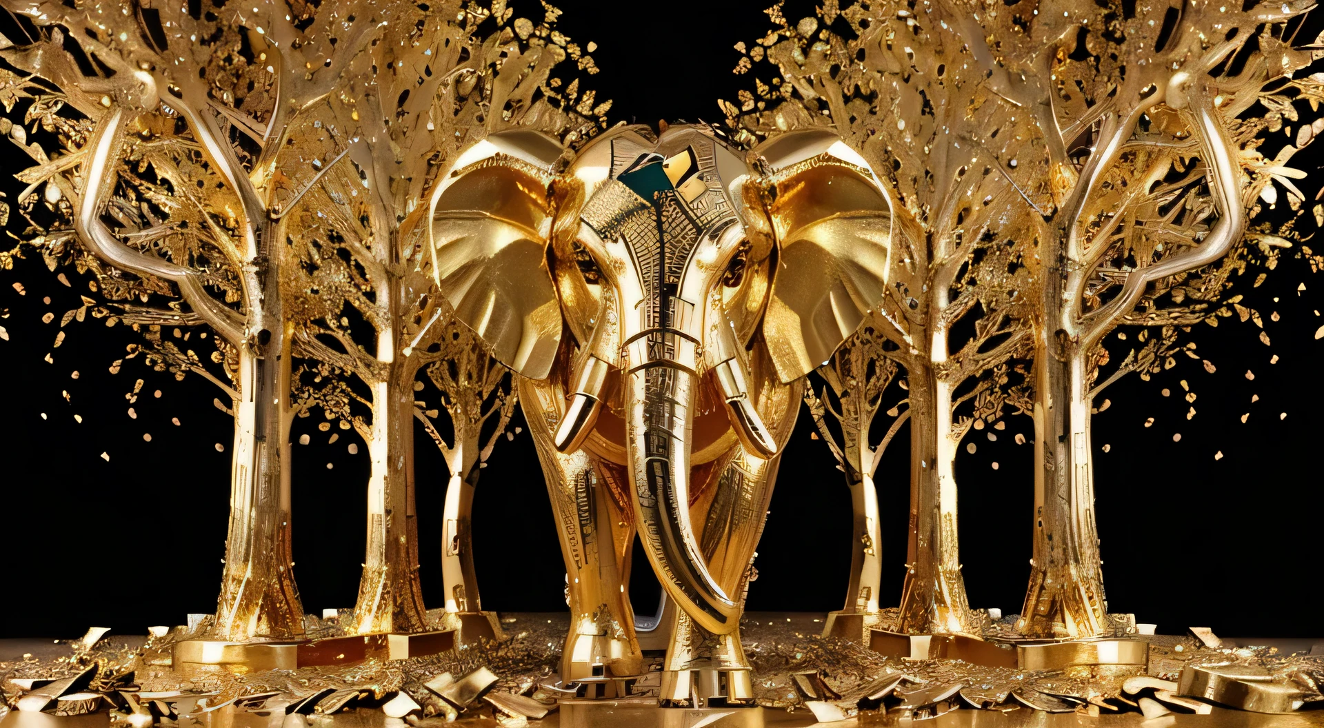 there is a gold elefante standing in a forest of gold coins, sculpture feito de ouro, an elefante king, standing on gold leaf, elefante in the room, golden mammoth in a ruined city, ouro nobre, arte em folha de ouro, an enormous elefante king, golden sacred tree, dourado com ouro, half elefante, feito de ouro, focus on the elefante, elefante