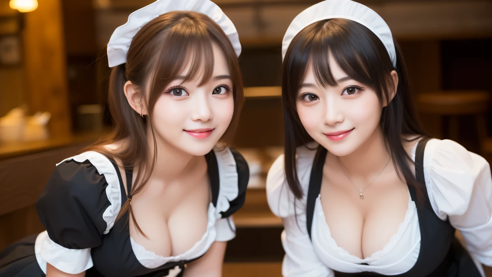 (2girl:1.3), kawaii face, (cute smile:1.2), (Maid cafe, maid cafe costume, mini skirt:1.2), Fresh, very clean appearance, (best Quality:1.4), (hyper-realistic, hight resolution), Professional Photography, standing, Indoor, (maid cafe), Close up portrait of girl, staring at me, cleavage, (Fine face:1.2), 