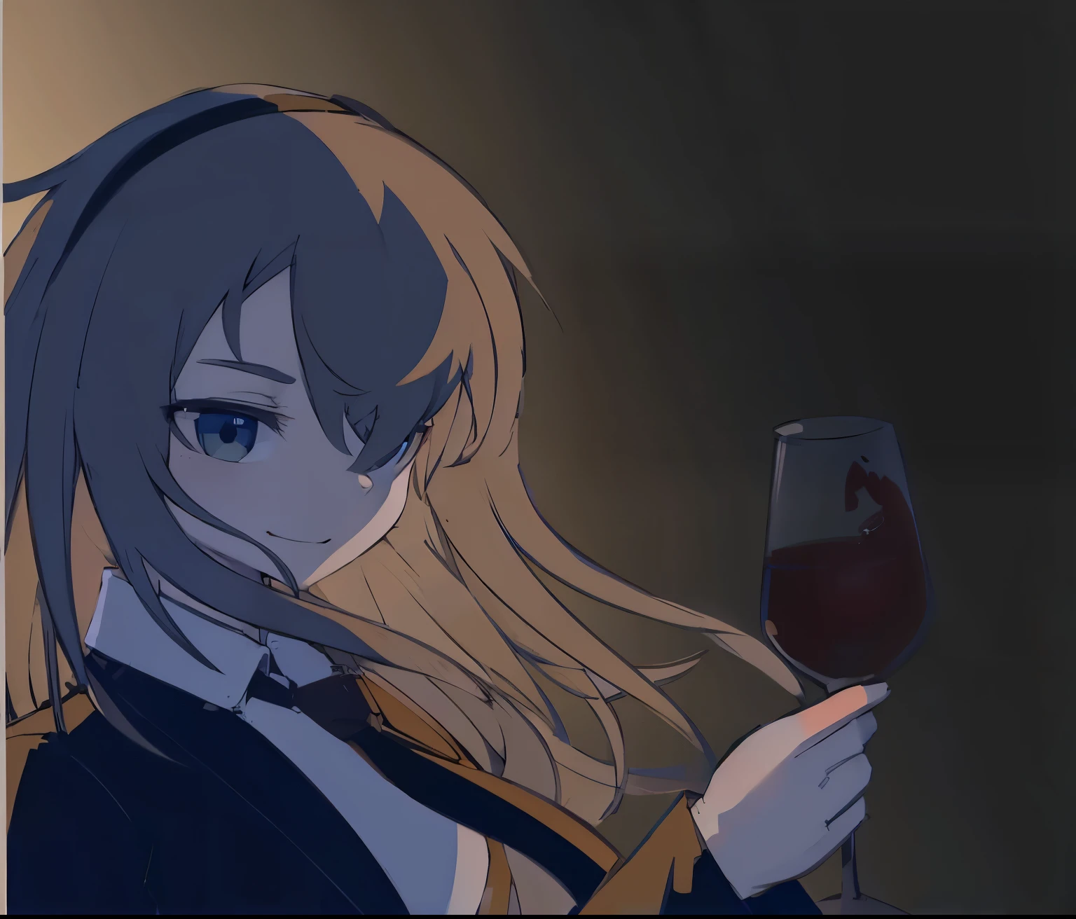 Backlight，Girl，Holding red wine，Flowing hair，Wearing a suit