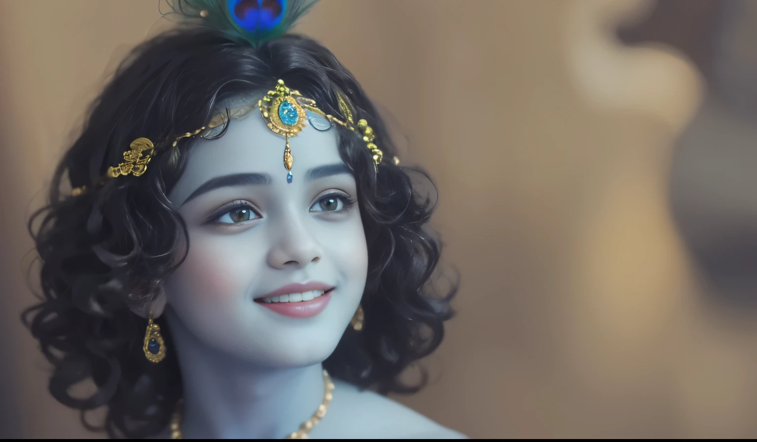 Lord Krishna, 8 , bright sky blue skin tone, extremely beautiful face, dreamy teary eyes, divine smile, curly hairs, golden ornaments, peacock feathers, blur background