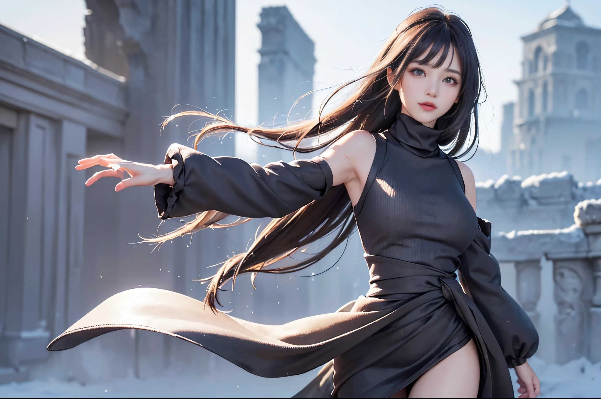 (From the waist up:1.5)((masterpiece:1.5、8k、Portraiture、フォトリアリスティックでVery detailedなCG、Very detailed、Particle Effects、Dynamic Effects、Written boundary depth、Cinematic Light、Lens flare、Ray Tracing、Tabletop、Realistic:1.4、超A high resolution:、Realistic、Realistic))((alone、Turtleneck dress,No sleeve、Woman in a black fur coat:1.6、Exposed lateral breasts、Detailed face、bright表情、young, bright, Whiter skin、Small breasts:1.4、Best Looks、Ultimate beauty、Grey hair with shiny highlights:1.8、bright and shiny hair,、Arranged Hair、Hair dancing in the wind))(morning、In the background is a snowy hill overlooking the ruins...)