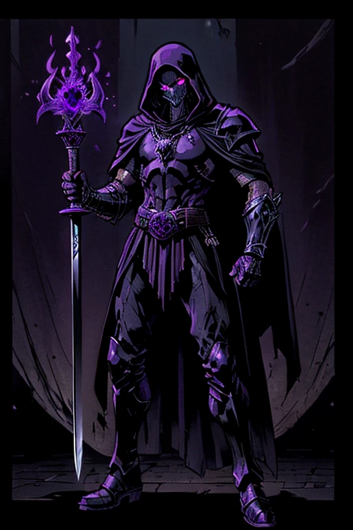 ((dark fantasy:1.4)),(full body:1.3). Male. Hooded shadow wraith in black battle armor, black skull face, glowing (purple eyes), cross pendant. brandishing black great sword in purple flames. With his raven companion, masterpiece.