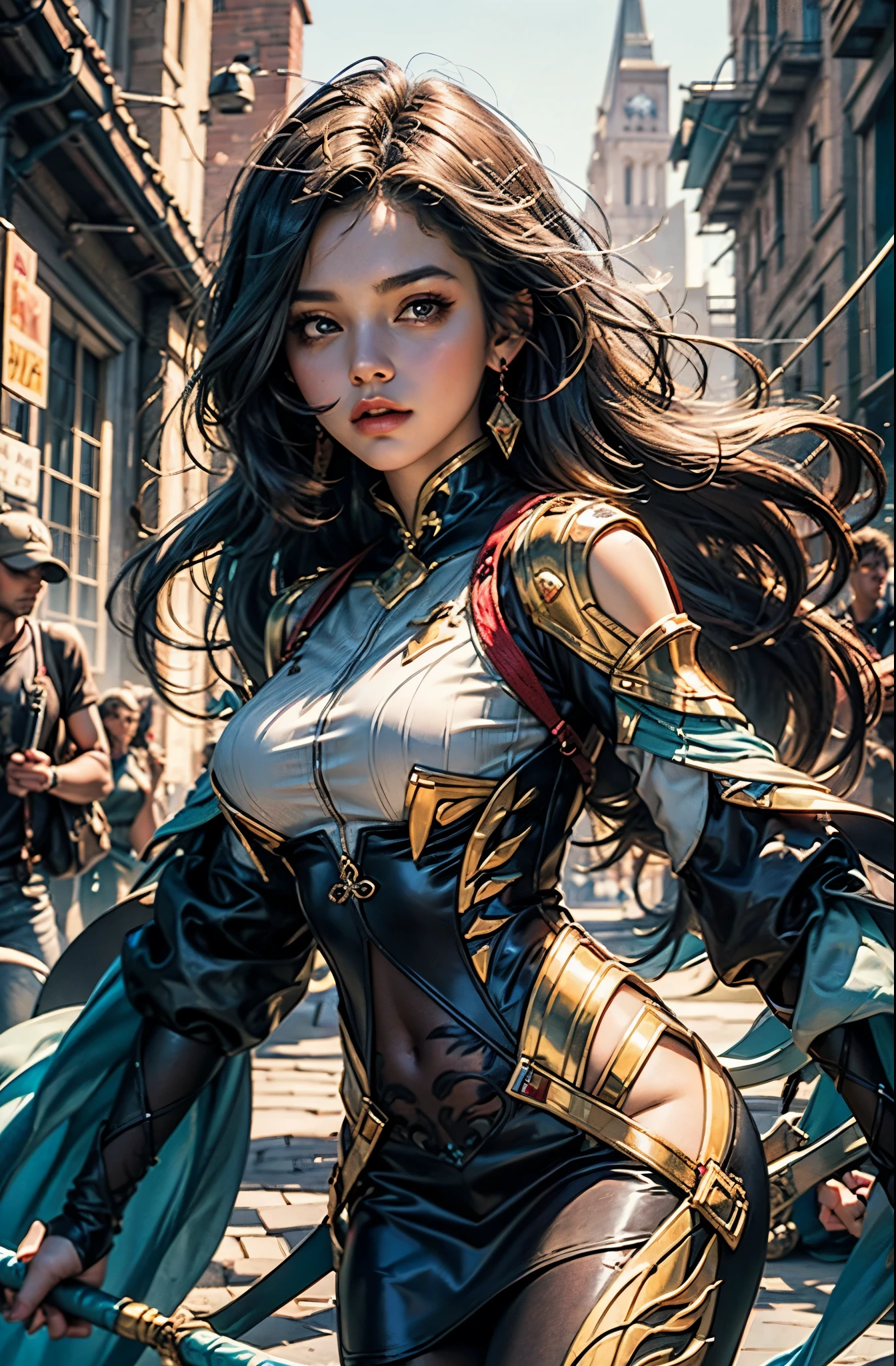 Arafed Woman in a purple dress and gold armor posing lost on a New York street, A perfect face with incredibly beautiful delicate features, a beautiful fantasy empress, Hermosa y elegante reina , Fantasy art style, ((A beautiful young fantasy woman)), Modelo IG | Artgerm, Cushart Krenz Key Art Femenino, fantasy art behance, Fantasy style art, artgerm extremadamente detallado, cinco dedos en cada mano, obra maestra, hiperrealista, Beautiful