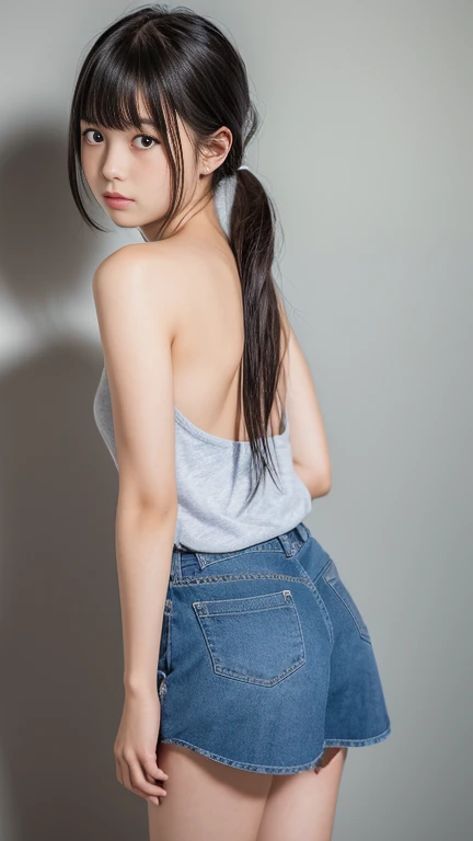 1 girl, alone, Japanese Girls, girl、12 years old, (hig, Realistic, High resolution, 8k, Very detailed, Detailed face, Shiny skin), Black Hair, ragged bangs, ponytail,(Full Body Shot、Please show me the back of your knees、Show me your back、Show me your face),(No clothes)