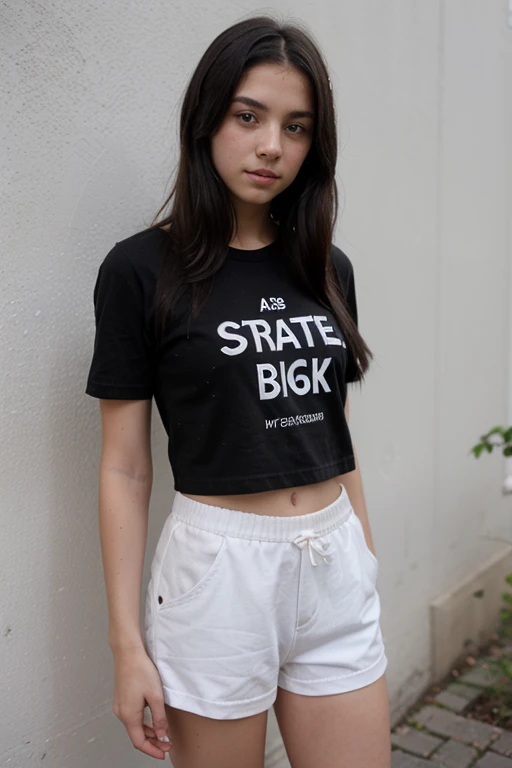 A  girl with straight black hair photo wearing shorts and a t-shirt 