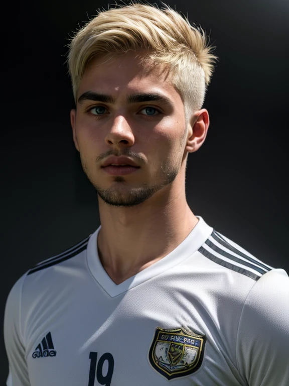 Arab soccer midfielder. 22 years old. Blonde hair. Short hairstyle. Round chin. Trimmed beard. White skin.. Dramatic light. Male. Black jersey. Masterpiece, best quality, 4k, portrait, very detailed. Male.
