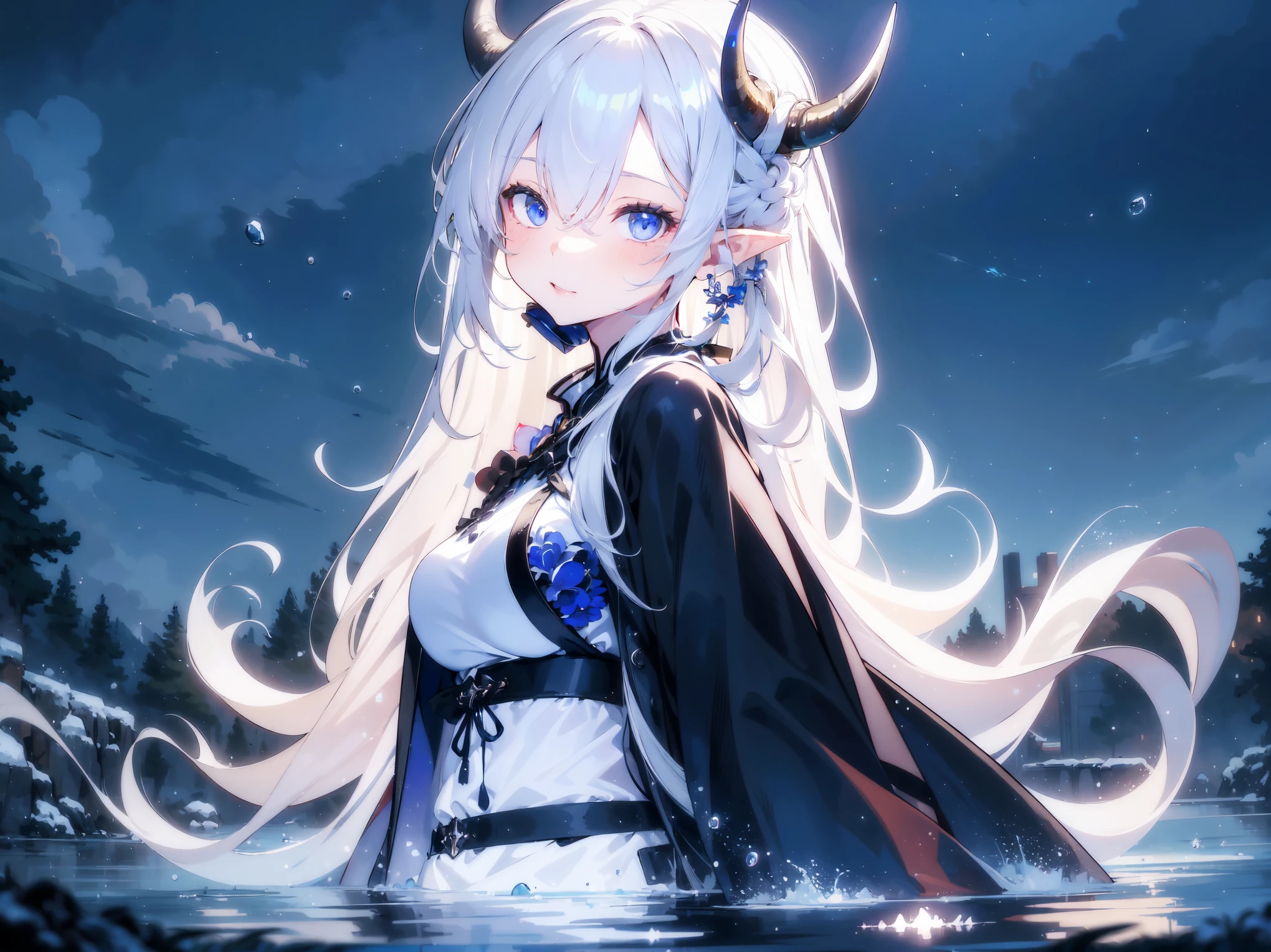 (best quality, highres, masterpiece : 1.4), (arknight), (flatten art : 0.8), masterpiece, (best quality), dark environment, 1woman, anime, long hair, white hair, straight hair, big horns, pale skin, dark eyes, long pointy ears, tall, white ao dai, medium sized breast, slight smile, (detailed face), (intricate hand),(detailed hand), solo, lake, mystical atmosphere, night, snow, ice, winter, close-up
