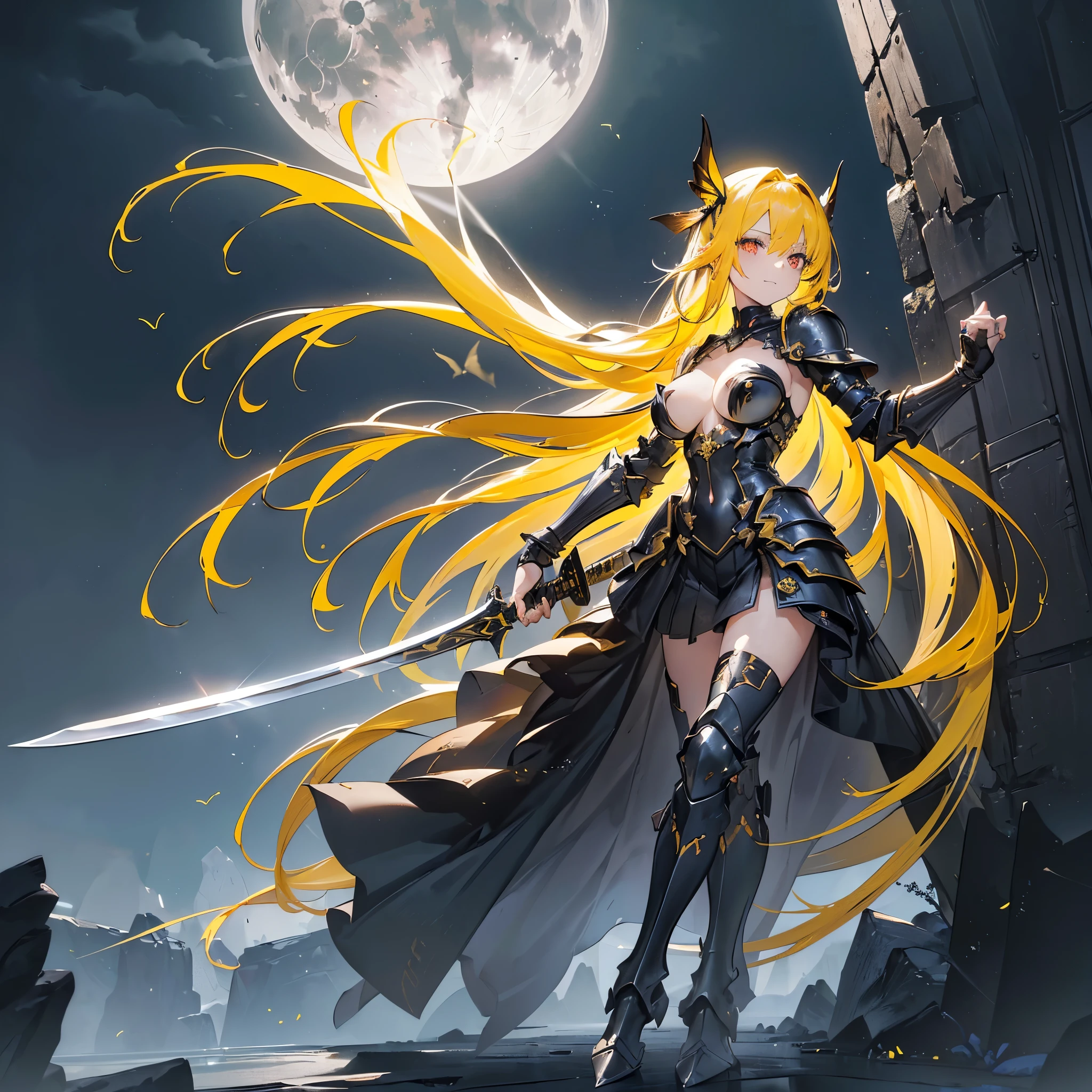 ((Fantasy　Yellow Hair　Long Hair　black　Covered in scars　one person　Lonely　Open chest armor　Large Breasts　blackのマント))　((night　Western style　old　Shining Aura))　(Dance　Large sword　blackい剣　Holding the Sword　Hold with both hands)　moon　star　Draw your sword　Slashing　Catch the wind　print　Tense face　Shining Edge　Sword light reflection　Blood　　Red Butterfly　Coliseum　Emit an aura　Look over　Veranda　smile